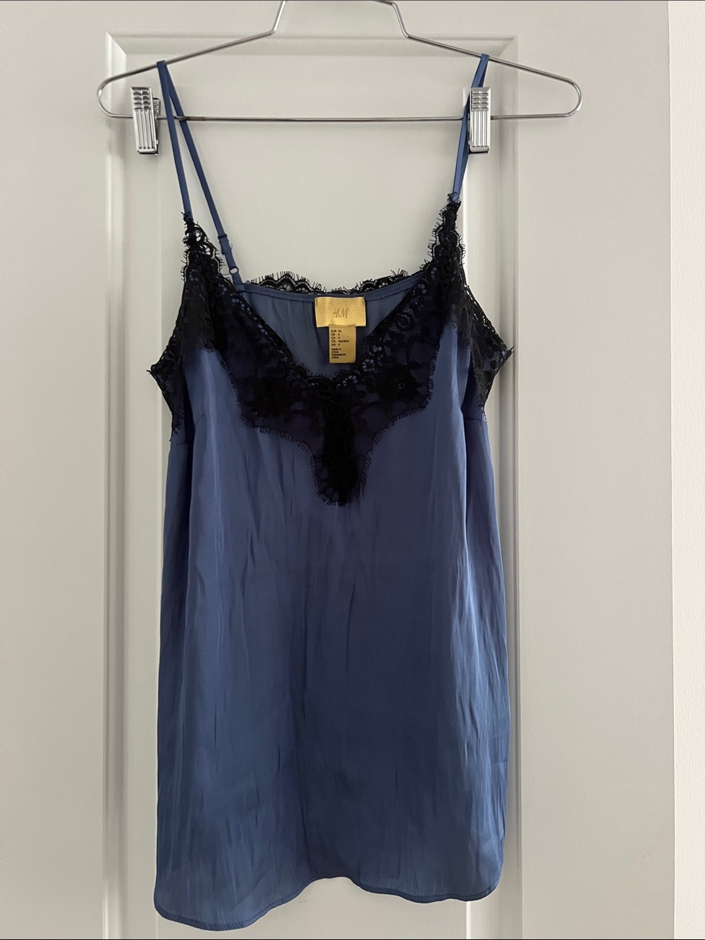 H&M Blue Satin Slip with Black Lace Trim